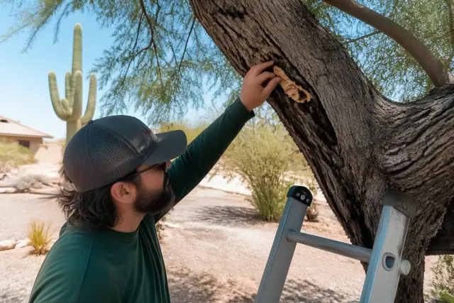 Arborist on a ladder inspecting branch cracks and fungal growth on a tree in Tucson, AZ.