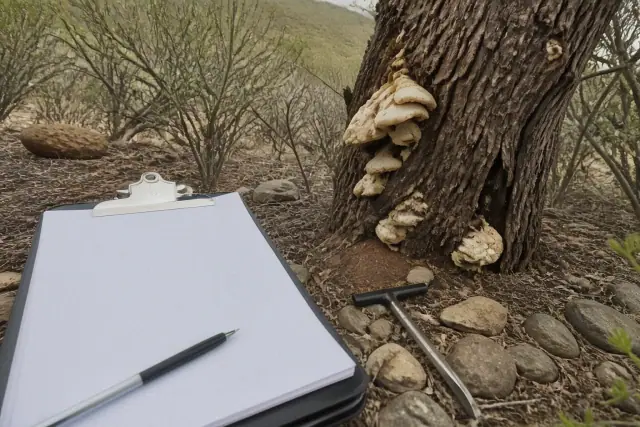 Arborist report on a clipboard near a tree trunk with fungal decay and Sonoran desert vegetation in Tucson, AZ.