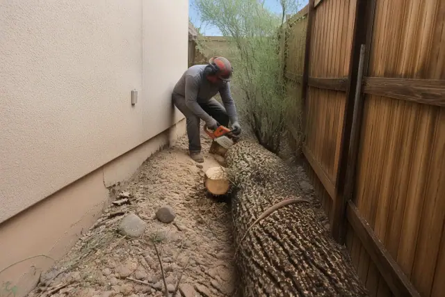 Worker using a chainsaw to cut a fallen tree in a confined space between a residential wall and fence in Tucson, AZ.