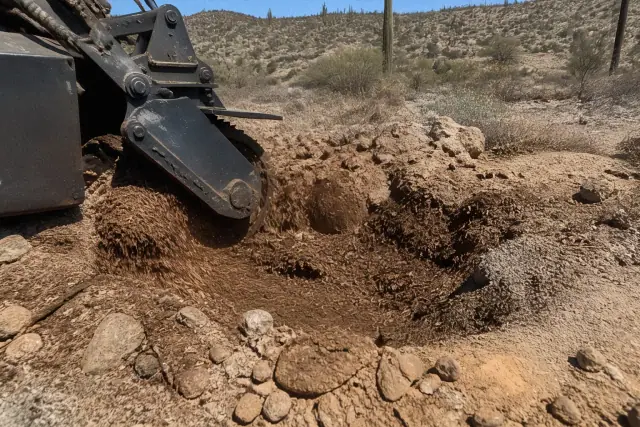 Heavy machinery grinding a large wooden stump into mulch on a rocky, arid construction site in Tucson, AZ.