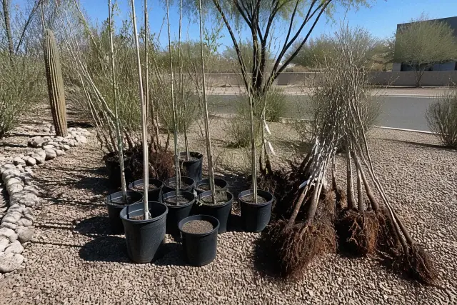 Young trees in nursery containers and bare root specimens ready for planting on a job site in Tucson, AZ.
