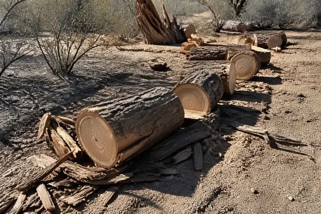 A large tree trunk sectioned into logs on the ground after storm damage in Tucson, AZ, surrounded by dry desert brush.