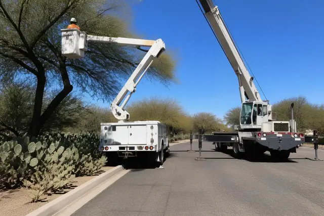 A technician in a bucket truck parked on a curb for tree work in Tucson, AZ.