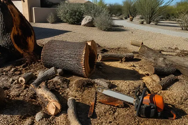 A chainsaw resting near a large sectioned tree trunk in a Tucson, AZ, desert yard with gravel landscaping.