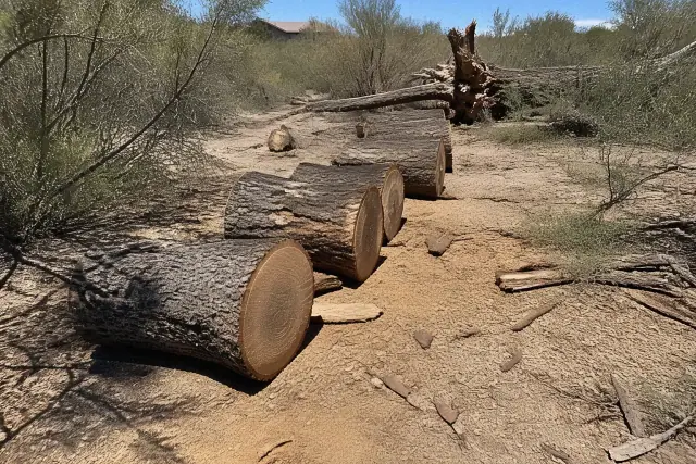 A large tree trunk cut into logs with sawdust on the ground in the desert landscape of Tucson, AZ.