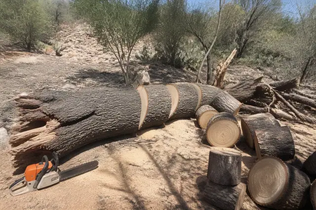 Contractor cutting a downed tree trunk into logs at a jobsite in Tucson, AZ with scattered wood debris and desert brush.