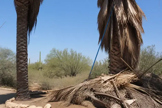 Dead palm fronds being removed from a tall tree trunk in a Tucson, AZ desert landscape.