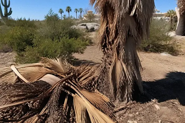 Dead palm fronds, fruit stalks, and skirt buildup on a tall palm tree at a work site in Tucson, AZ.