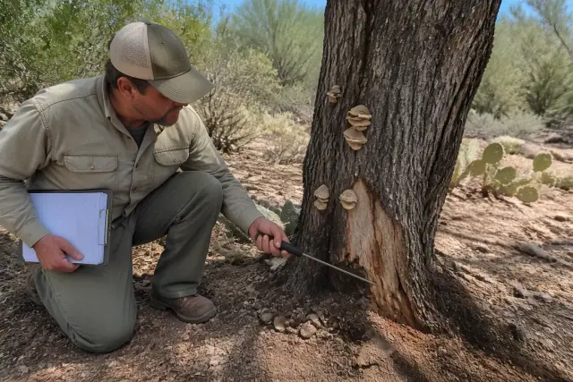 Arborist examining trunk decay and fungal growth on a tree in the Sonoran desert of Tucson, AZ.