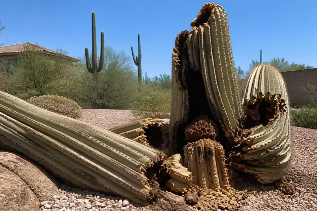 Decaying saguaro cactus with visible trunk rot in a Sonoran desert gravel landscape in Tucson, AZ.