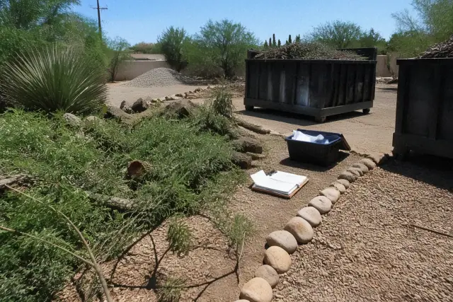 Organized storm debris, documentation logs, and haul-away containers at a cleanup site in Tucson, AZ.