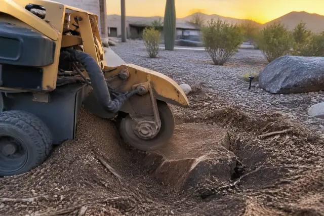 Stump grinder pulverizing a tree stump into mulch in a Tucson, AZ desert landscape during golden hour.