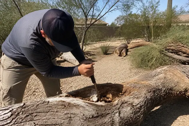 Contractor inspecting a downed tree for storm damage and rot in a Tucson, AZ landscape.