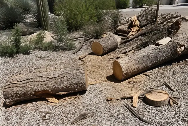 A fallen tree trunk being cut into logs at a job site in Tucson, AZ, surrounded by desert landscaping and bright sun.