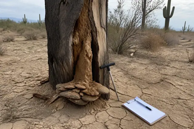 Arborist inspecting tree trunk decay and fungal growth in a desert landscape with Saguaro cacti in Tucson, AZ.