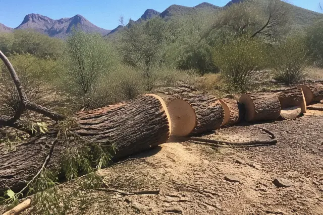 Worker cutting a large, storm-damaged tree trunk into logs in the Sonoran desert landscape of Tucson, AZ.