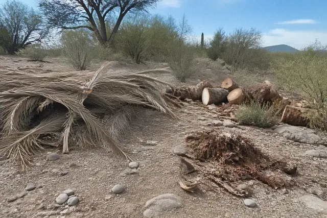 Stacked palm fronds and debris from a fallen tree in a Tucson, AZ desert landscape.