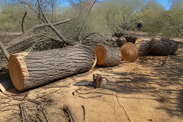 Large downed tree trunk being cut into logs on a desert worksite in Tucson, AZ, surrounded by sawdust and creosote bushes.