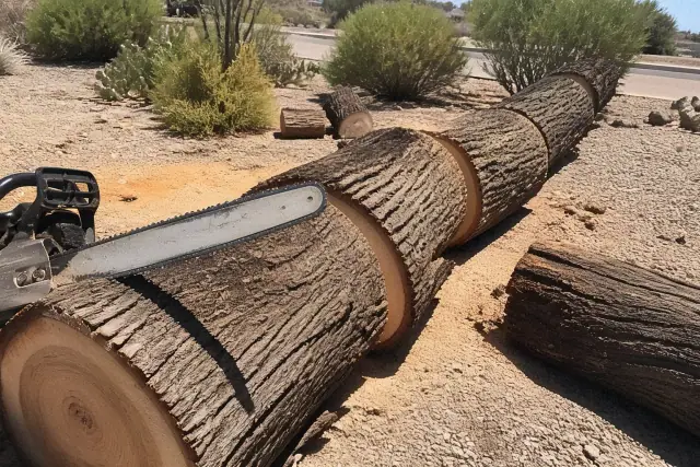 A chainsaw cutting a fallen tree trunk into logs in a Tucson, AZ desert landscape with visible sawdust.