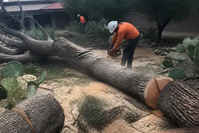 Worker cutting a large fallen tree trunk into logs at a residential property in Vail, AZ.
