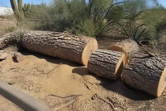 A large tree trunk being cut into logs on a jobsite with Sonoran desert vegetation in Tucson, AZ.
