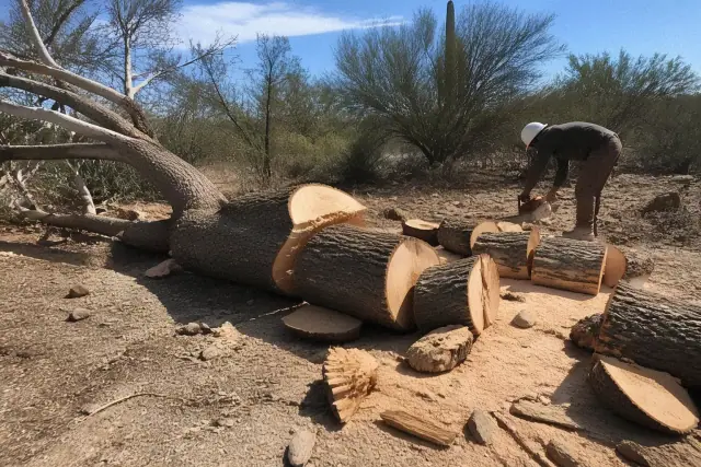 An arborist sectioning a downed tree trunk into logs in the Sonoran desert landscape of Sahuarita, AZ.