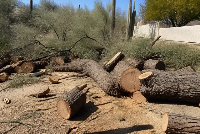 Logs from a fallen tree being sectioned by a chainsaw on a residential property in Catalina Foothills, AZ.
