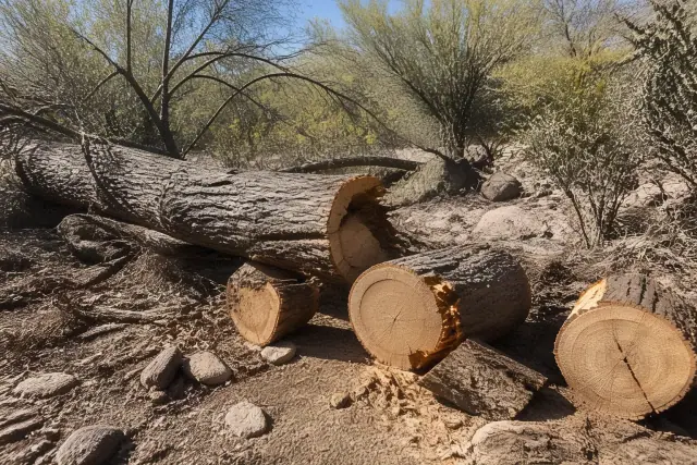 A large downed tree trunk being cut into logs on dry, stony ground in Flowing Wells, AZ.