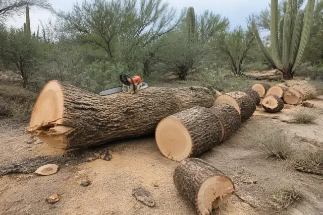 A large tree trunk being cut into logs on a job site in Marana, AZ, surrounded by desert brush and wood chips.
