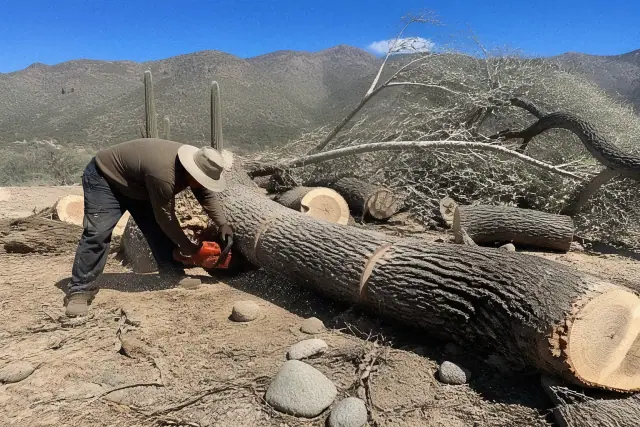 Worker sectioning a fallen tree trunk in the Sonoran Desert foothills of Oro Valley, AZ.