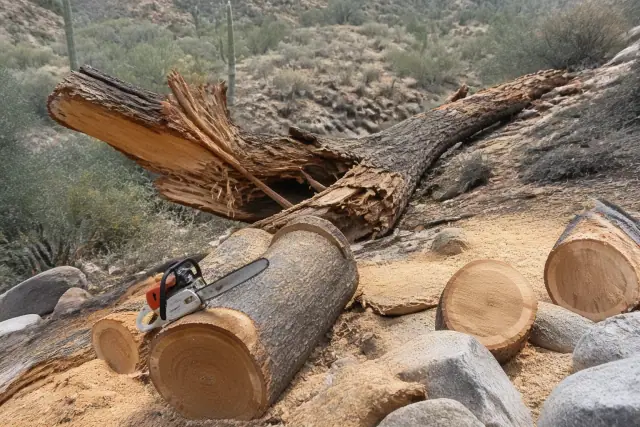Worker clearing wood debris from a downed tree after a storm in the Sonoran Desert in Catalina, AZ.