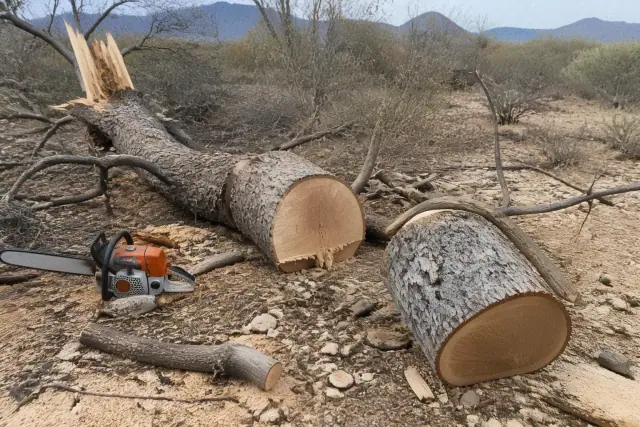 A large tree trunk cut into sections with a chainsaw on the desert ground in Tanque Verde, AZ.