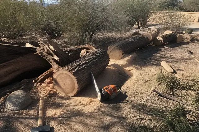 Crew cutting a fallen tree trunk into logs for emergency cleanup in a Tucson, AZ desert landscape.