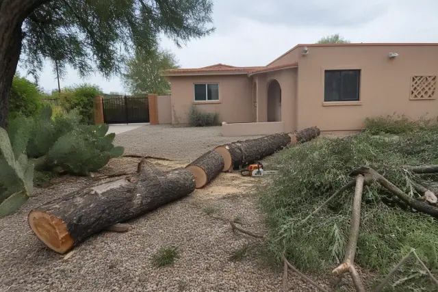 Fallen tree trunk being cut into logs during debris cleanup at a home in Tucson, AZ.