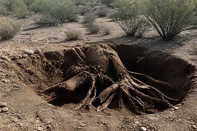 A stump grinder pulverizing a tree stump into mulch in an arid soil pit in Tucson, AZ.