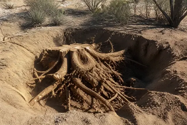Excavated pit and exposed tree roots after stump removal in a Tucson, AZ desert landscape.
