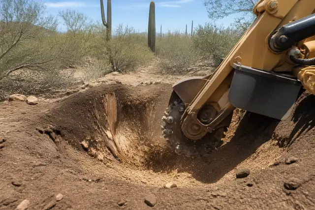 A stump grinder pulverizing a tree stump into mulch in rocky soil in Tucson, AZ.