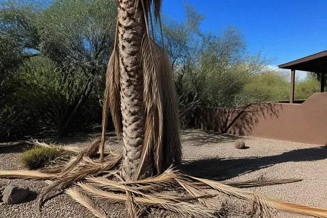 A tall palm tree with hanging dead fronds being cleared in the Sonoran desert of Tucson, AZ.