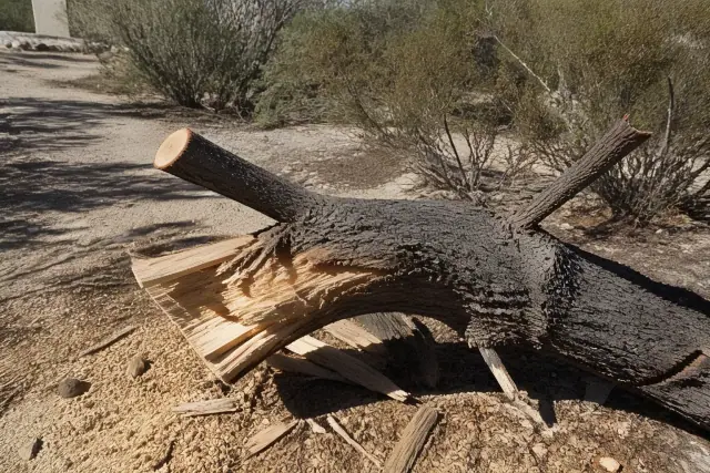 A large, freshly cut tree limb lying on the ground after removal in Tucson, AZ, with sawdust and desert plants nearby.