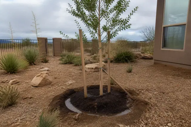 Technician planting a young shade tree with staking and mulch at a Tucson, AZ job site.