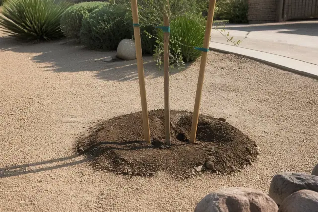 A newly planted sapling with wooden support stakes in decomposed granite soil during a cleanup in Tucson, AZ.