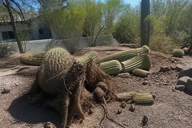 Large cactus removal project with exposed roots and spiny debris in a desert landscape in Tucson, AZ.