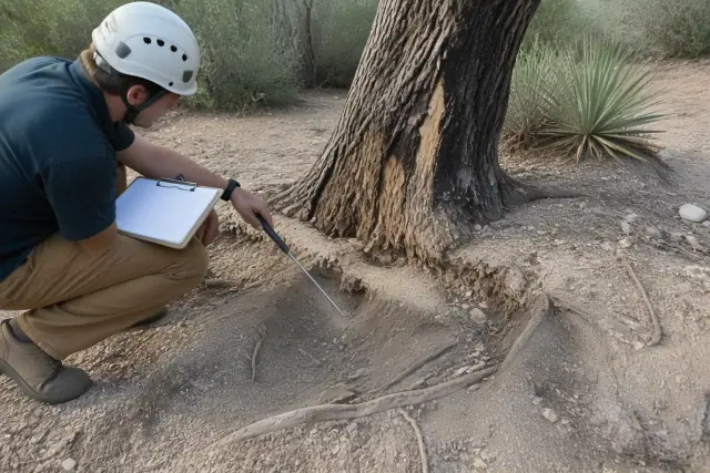 Exposed tree roots and ground heave causing a lean in the soil of a Tucson, AZ landscape.