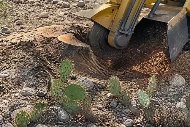 Stump grinder pulverizing a tree stump into mulch in rocky desert soil in Tucson, AZ.