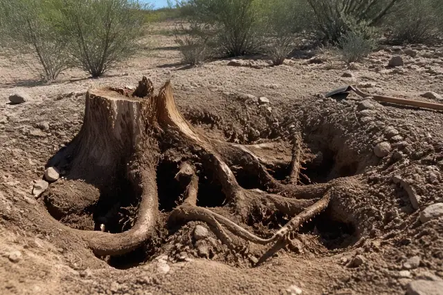 Manual stump removal with exposed roots in sun-baked desert soil in Tucson, AZ.