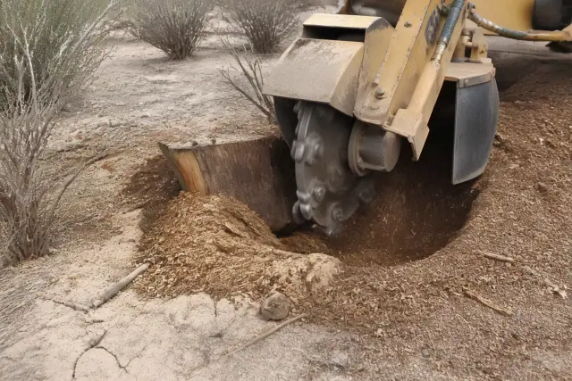 Heavy machinery grinding a tree stump into mulch in the desert soil of Tucson, AZ.