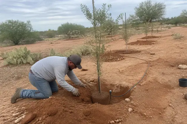 A technician backfilling soil around a newly planted tree at a landscaping job site in Tucson, AZ.