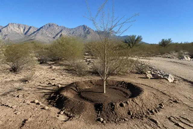 Newly planted saplings in desert soil with Santa Catalina mountains in the background in Tucson, AZ.