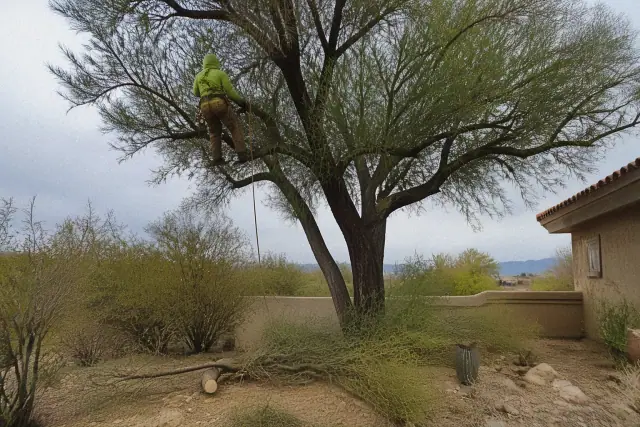 Mid-process pruning of a native tree crown with precision cuts and branch debris on the ground in Tucson, AZ.