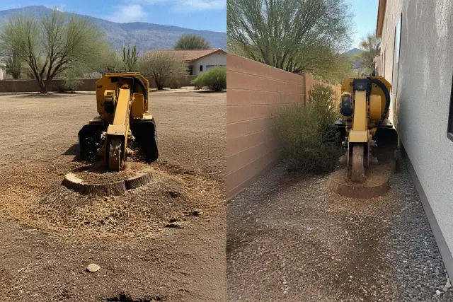 Heavy machinery grinding a tree stump into mulch in an arid yard with desert scrub in Tucson, AZ.